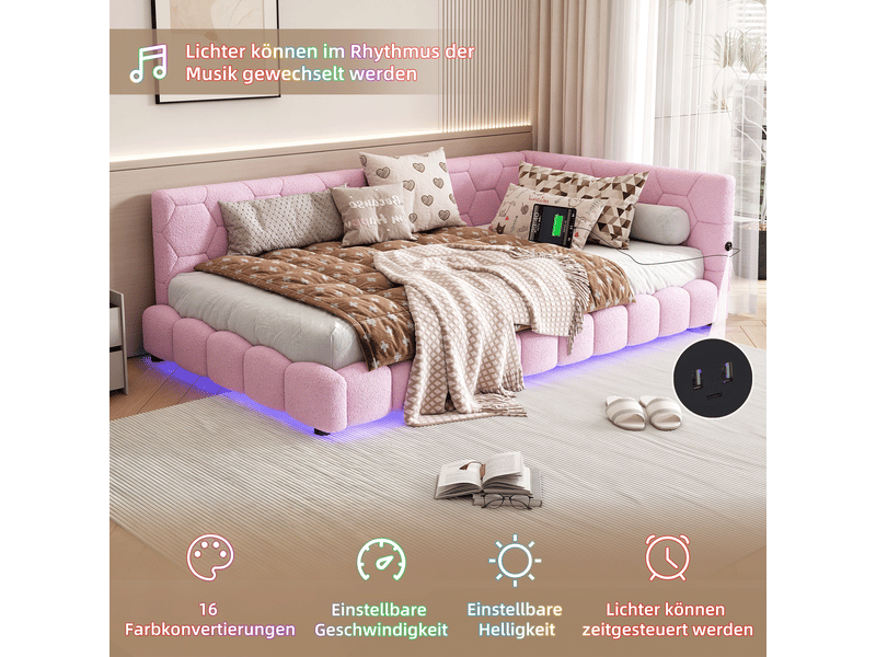  Lit de jour 90x200 canapé lit rose avec led 16 couleurs et ports usbtype-c  - Conforama D
