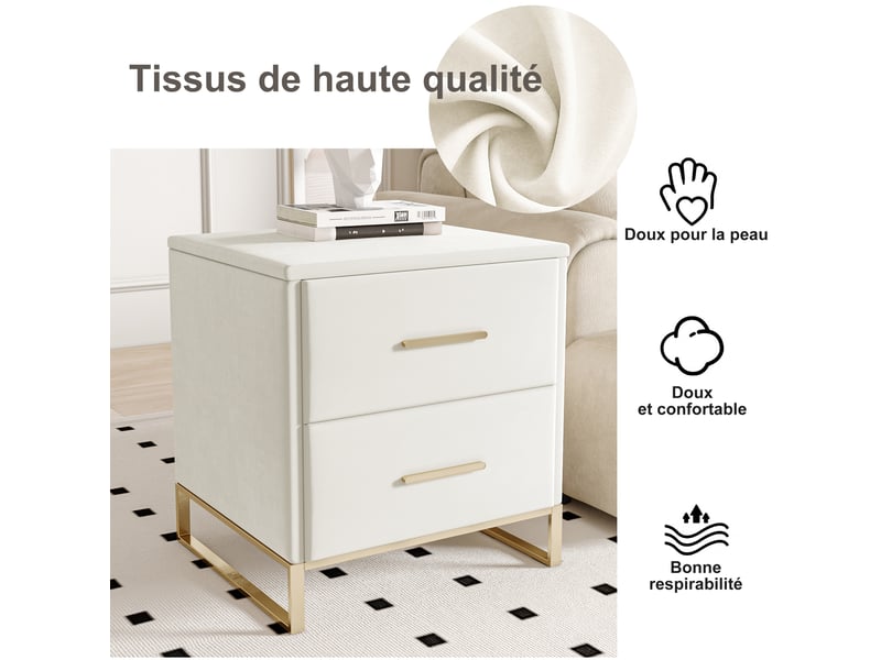  Lot de 2 table de chevet avec 2 tiroirs,table d’appoint de chevet,pieds dorés, blanc,40x40x50 cm  - Conforama D