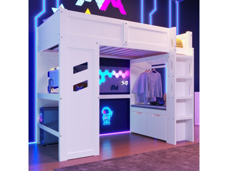  Lit mezzanine 90x200 cm, lit enfant avec bureau, éclairage led, ports usb et type-c, bureau, 2 tiroirs, armoire ouverte, sans matelas, blanc  - Conforama B