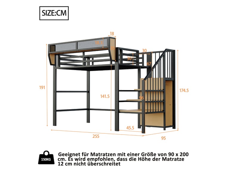  Lit mezzanine 200×90 cm avec étagère amovible, espace libre de 140 cm et échelle, sans matelas, en métal et mdf  - Conforama D