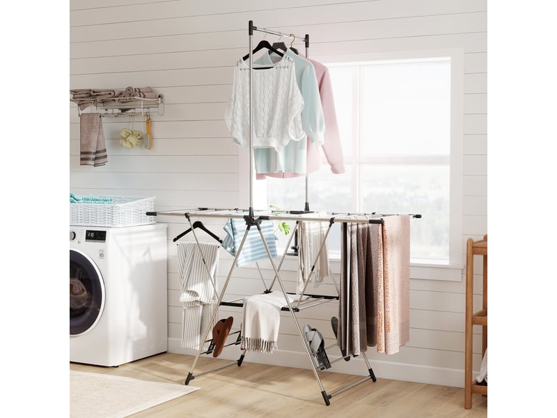  Séchoir à linge étendoir pliable, ailes réglables 5 niveaux, 4 supports à chaussures, acier inoxydable, argenté  - Conforama D