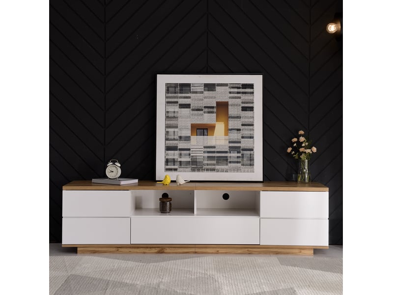  Meuble tv modenvie 180 x 38 x 46 cm en mdf blanc et décor bois avec 5 portes  - Conforama D