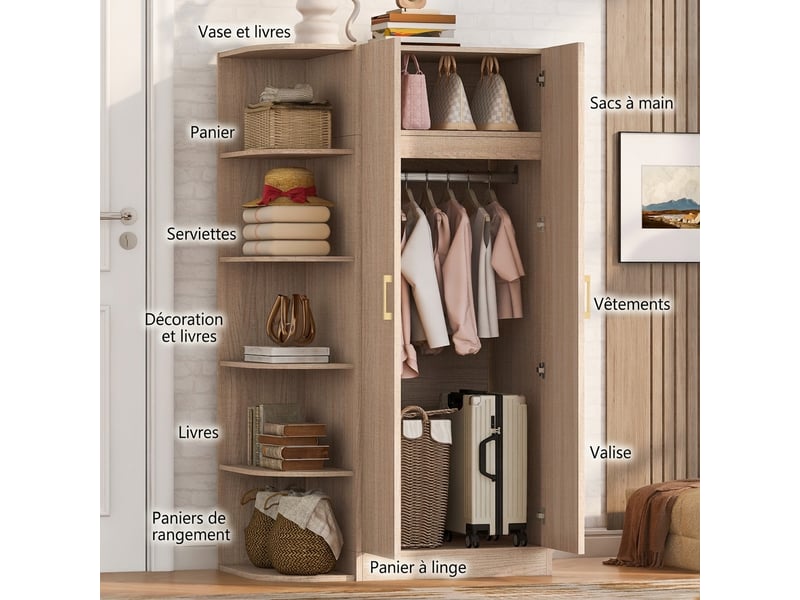  Armoire 2 portes en bois naturel 90x55x170 cm avec porte-manteau, penderie et étagères de rangement  - Conforama B