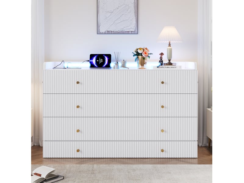  Lit escamotable 140 x 200 cm avec tiroirs, led, usb et prise de charge, blanc  - Conforama D