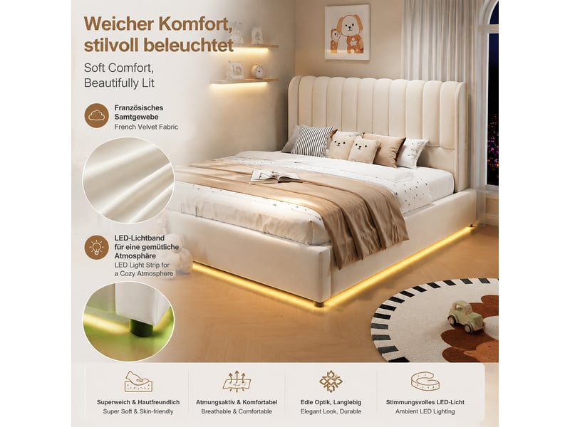  Lit coffre beige 140 × 200 cm en velours, avec relevage hydraulique, protection latérale, structure rembourrée  - Conforama D