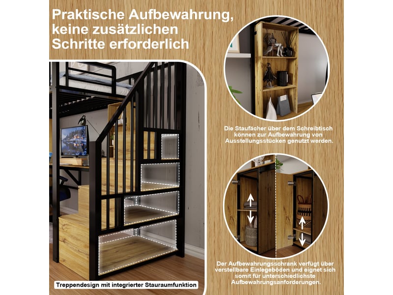  Lit mezzanine,90x200 cm,avec bureau, rangement et usb,métal,noir  - Conforama E