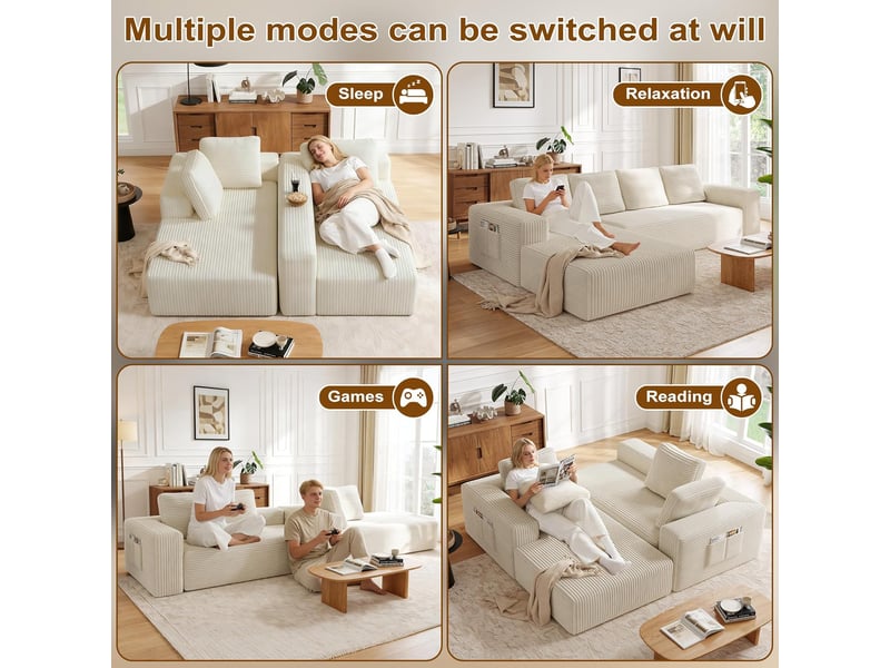  Canapé convertible - 4 places - sans montage - canapé-lit - avec fonction couchage - velours côtelé blanc - l 261 x h 58 x p 88 cm  - Conforama E