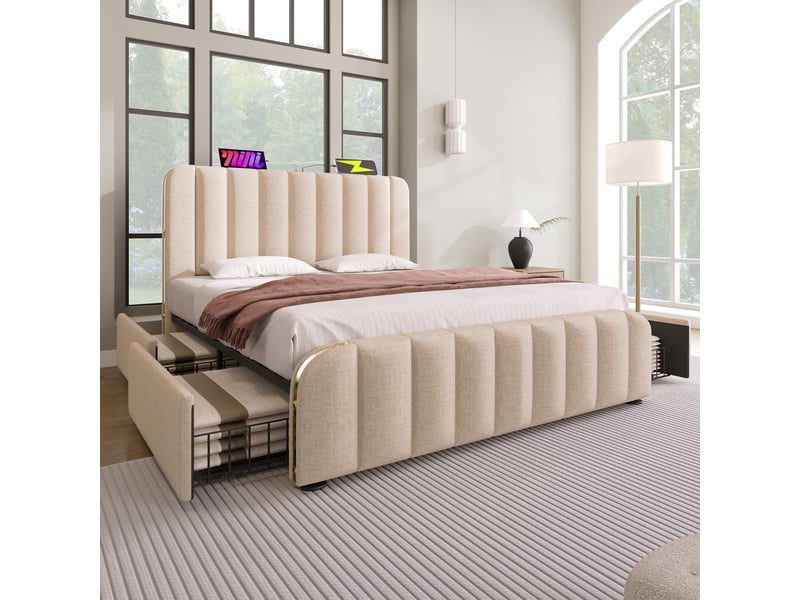 Lit rembourré beige 160 x 200 cm avec 4 tiroirs, ports usb et usb-c - Conforama D