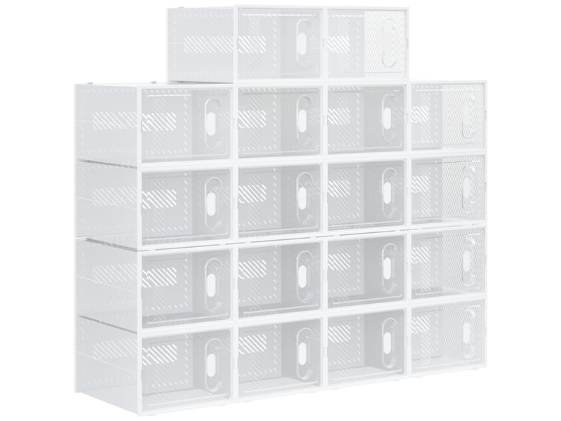  Rangement chaussures 18 pièces, boîtes empilables jusqu'à pointure 45, portes magnétiques, plastique, 28x36x21 cm.  - Conforama B