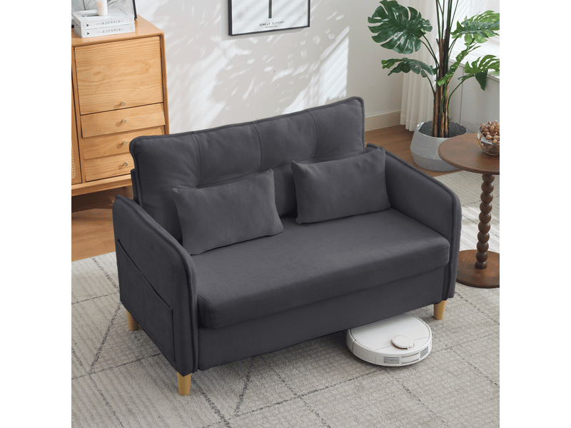 Canapé 2 places compact de 127 cm en tissu chenille gris foncé, avec accoudoirs, coussins inclus et poches latérales - Conforama R