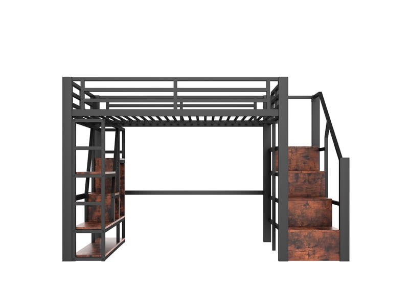  Lit mezzanine noir 140 × 200 cm, cadre métal, led, rangements, échelle et garde-corps  - Conforama A