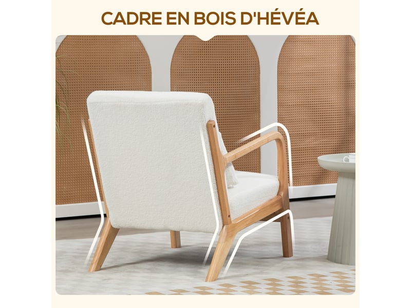  Fauteuil lounge en bois d'hévéa et velours crème 61x78x76 cm  - Conforama E