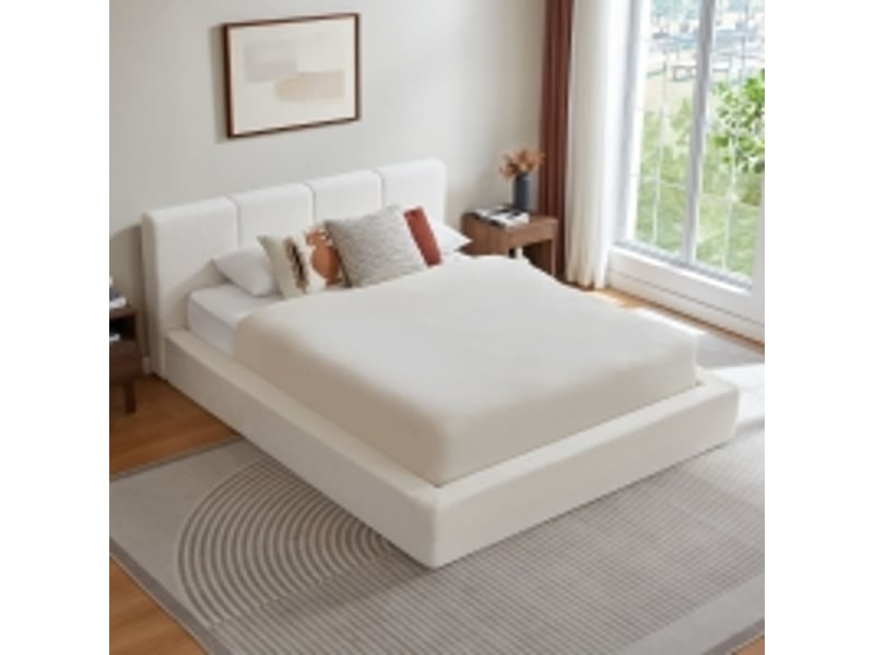 Lit double compressé 160x200 cm, coloris blanc crème, tête de lit capitonnée en mousse, structure en acier renforcé, sans matelas, pour chambre adulte Luxe haut de gamme - Conforama B