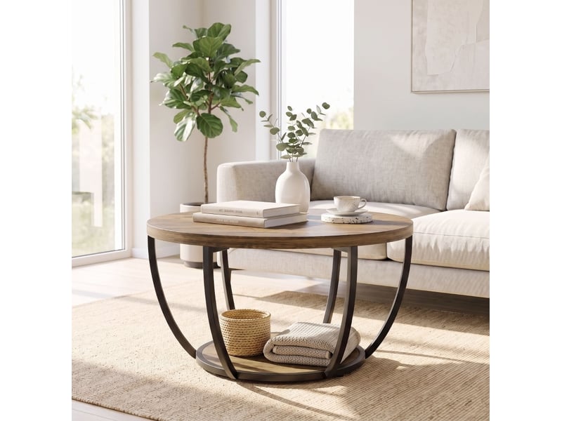 Table basse ronde 80 x 80 x 43,8 cm - marron et noir - 2 niveaux de rangement industriel  - Conforama D