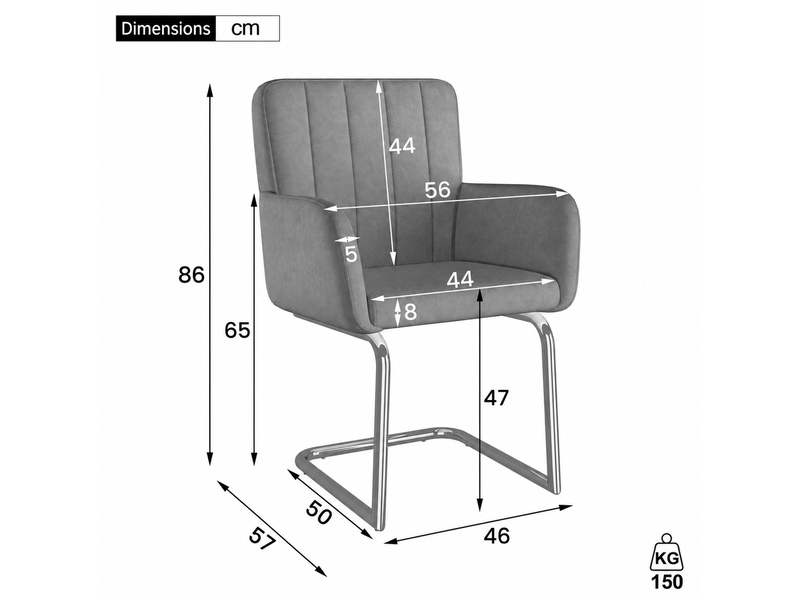  Lot de 4 chaises de salle à manger rembourrées en polyuréthane gris, accoudoirs, pieds luge en métal, 56x57x86 cm  - Conforama B