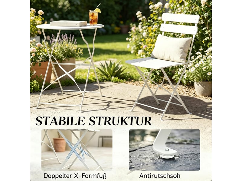 Salon de jardin pliant,ø58x70 cm,3 pièces avec table ronde,métal,crème - Conforama E
