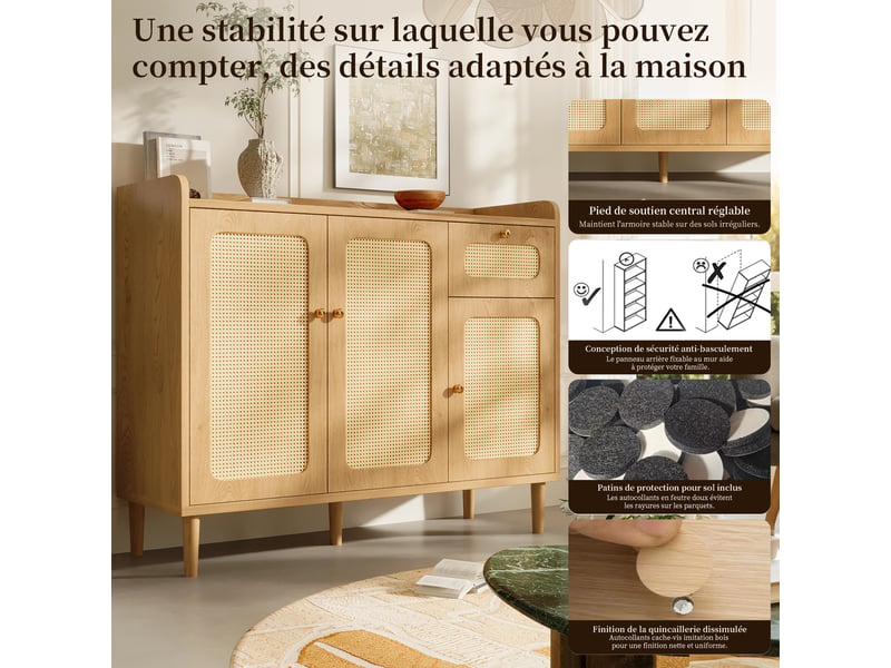  Buffet 3 portes et 1 tiroir avec étagères réglables pour salon en mdf 120×40×91 cm chêne  - Conforama C