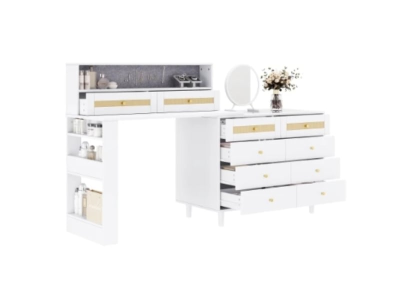  Coiffeuse 105×50×108cm, miroir + bijoux, 10 tiroirs, verre trempé, rotin, blanc  - Conforama A