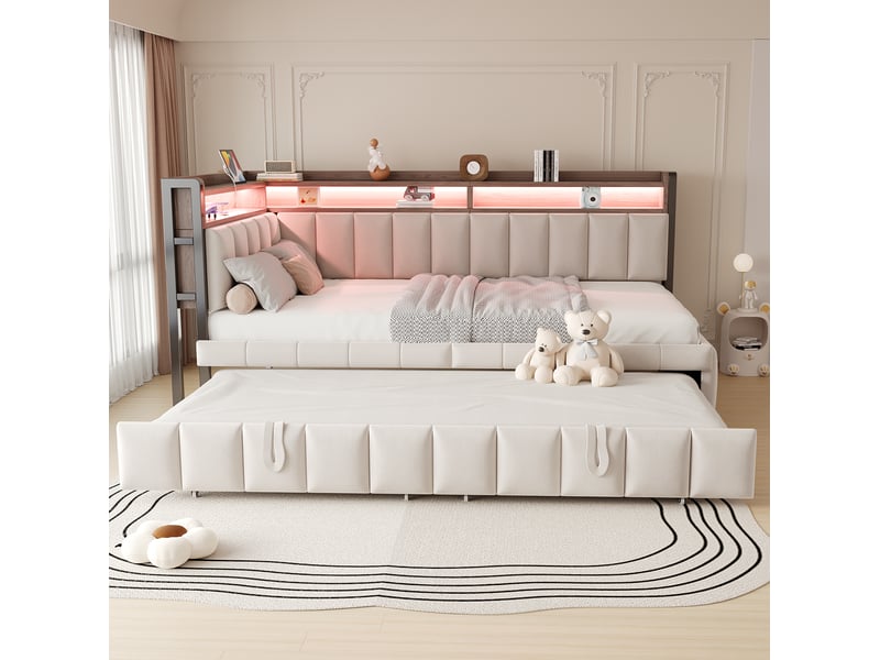  Lit gigogne 90x200 cm avec éclairage led, ports usb et type c en velours beige  - Conforama D