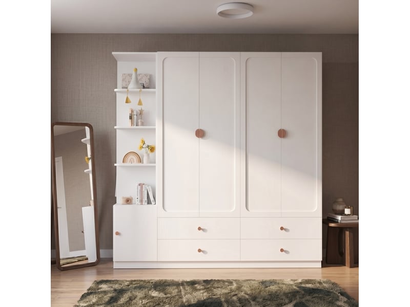 Armoire combinée modenvie avec 3 tringles et 4 tiroirs, 225 x 45 x 200 cm, blanche - Conforama E