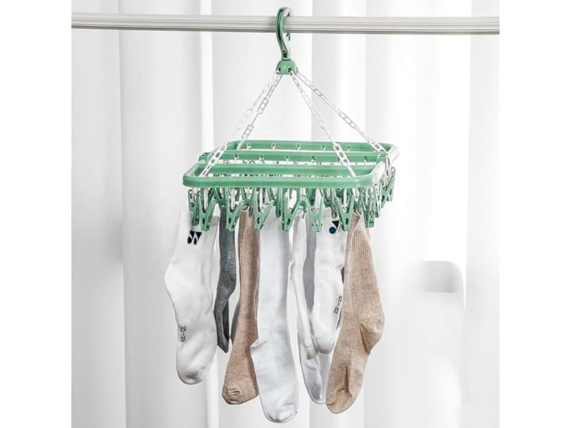  Crochets muraux séchoir à linge avec 32 clips et support pliable (vert clair  - Conforama E