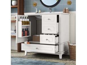 Meuble sous vasque avec 3 tiroirs, 1 porte à fermeture douce et rangement pour salle de bain, blanc, 81 × 47 × 86 cm