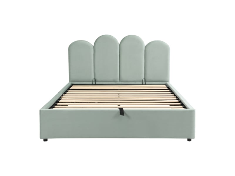  Lit capitonné, 140×200 cm, double, hydraulique, rangement, tête de lit incurvée en velours, vert clair  - Conforama A