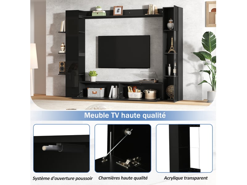  Meuble tv mural 4 pièces 245x30x170 cm, design moderne et compact, portes de rangement, pour salon, mdf, coloris noir  - Conforama E