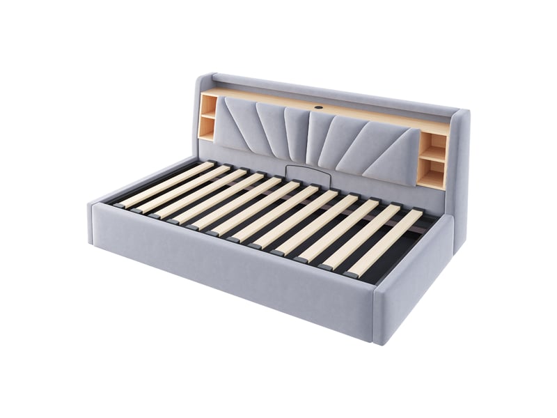  Lit coffre rembourré 90 x 200 cm – avec étagères – avec compartiments de rangement – ​​avec éclairage led et port usb – gris clair (matelas non inclus)  - Conforama W