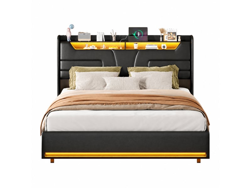  Lit coffre 140x190 cm avec rangement hydraulique, led et usb ports, lit adultes avec sommier à lattes et tête de lit, lit double pour adulte et adolescent, sans matelas, noir pu  - Conforama A