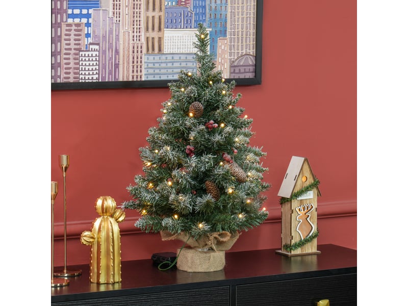  Mini sapin de noël 60 cm avec lumières intégrées, 86 branches, pommes de pin, baies rouges, socle en béton, vert  - Conforama B