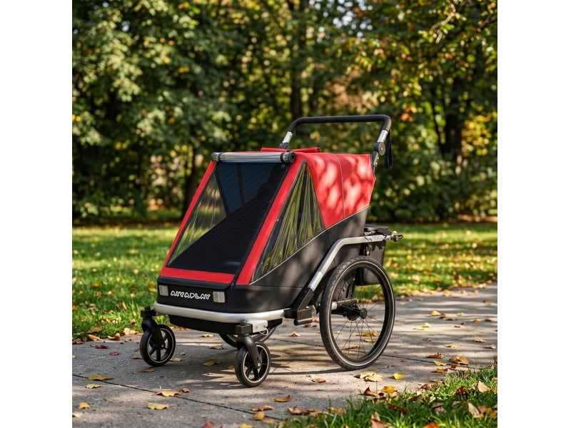  Remorque vélo enfant 2 places 2-en-1 148 x 83 x 102 cm rouge en aluminium, poussette pliable  - Conforama B