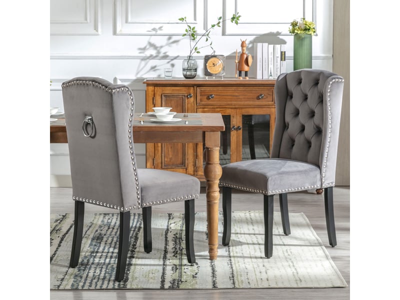  Chaises de salle à manger en velours gris, lot de 4, dossier capitonné, clous argentés, pieds en chêne, anneau décoratif  - Conforama W