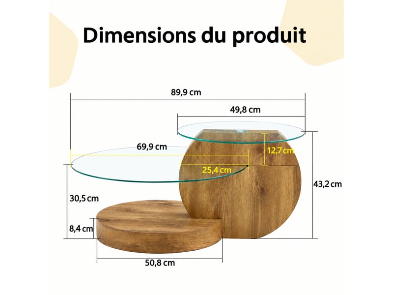  Table basse à plusieurs niveaux en verre trempé et mdf aspect bois, 89,9 x 69,9 x 43,2 cm  - Conforama C