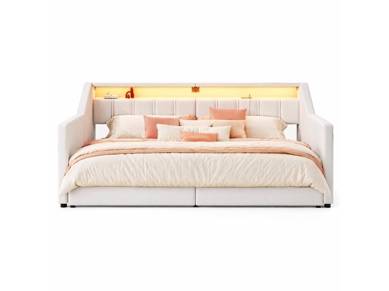  Lit gigogne 90x200 cm avec 2 tiroirs, led, usb et type c en lin et mdf beige  - Conforama A