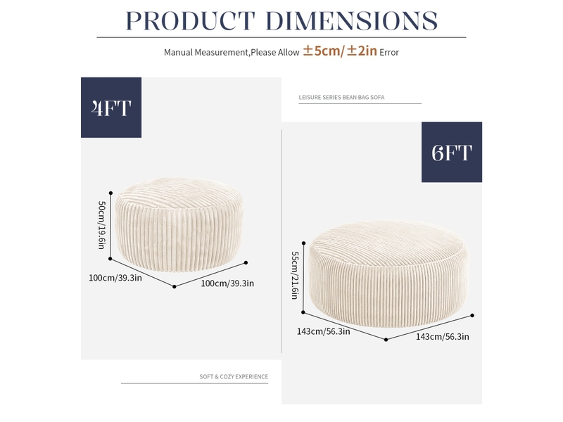 Fauteuil simple - 143x55cm - fauteuil pouf géant poire en mousse mémoire et tissu corduroy doux - beige - Conforama E