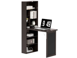 Bureau pliant moderne avec bibliothèque et tableau noir, bois et métal, 98 x 51 x 153 cm, marron