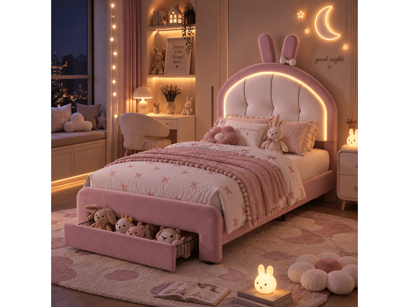  Lit enfant fille 90x200 avec tiroir - led rgb réglable - tête de lit avec oreilles de lapin - sommier - lit une place - velours rose  - Conforama W