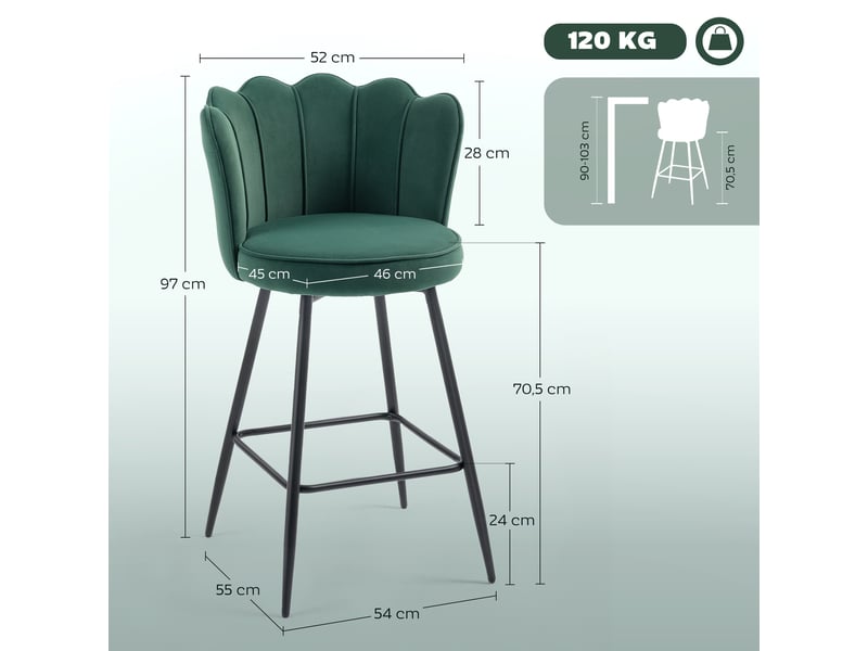  Lot de 2 tabourets de bar, chaises de bar avec dossier et repose-pieds, 54 x 55 x 97 cm, pieds en acier, vert foncé  - Conforama C