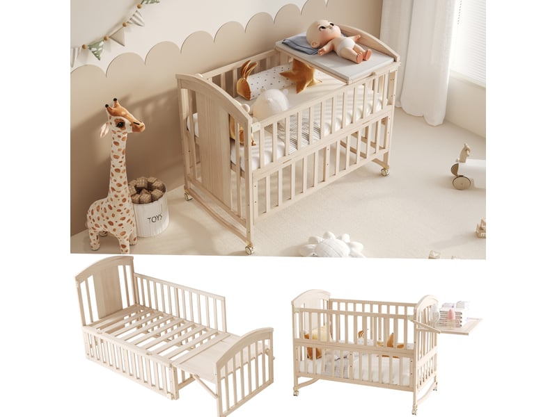 Lit bébé multifonction extensible 120 x 60 x 95 cm naturel en bois, table à langer et couchage d'appoint - Conforama B