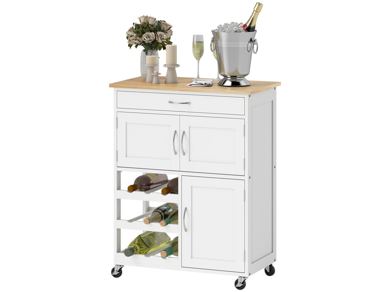  Desserte de cuisine multi rangements 2 placards tiroir casier 9 bouteilles mdf blanc plateau bois caoutchouc  - Conforama B