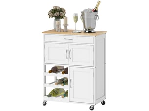 Desserte de cuisine multi rangements 2 placards tiroir casier 9 bouteilles mdf blanc plateau bois caoutchouc