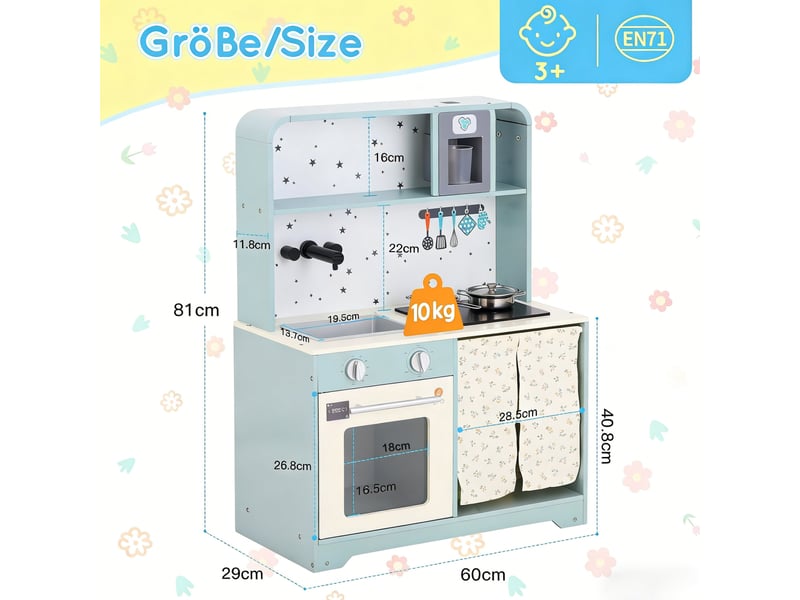  Cuisine jouet pour enfants 60x29x81 cm avec machine à glaçons, micro-ondes et accessoires, mdf, bleu  - Conforama C