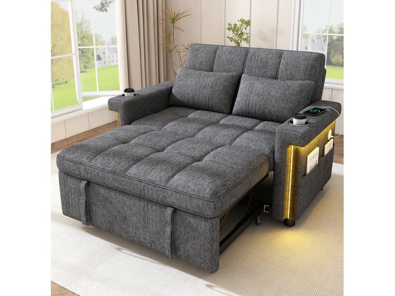 Canapé convertible 2 places 145x141,5x90 cm avec led et ports usb gris - Conforama D