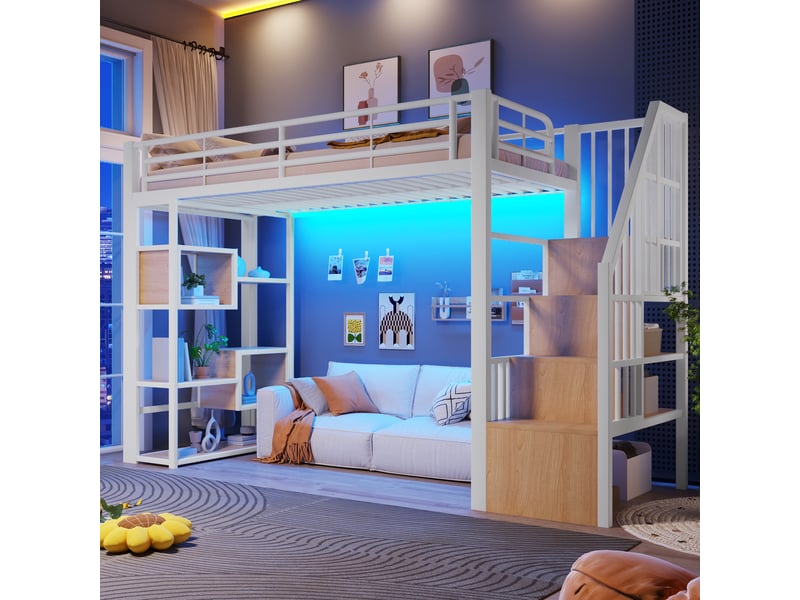  Lit mezzanine 90x200 cm, lit enfant, rangement, échelle sécurisée, barrière antichute, led, bois et métal blanc  - Conforama A