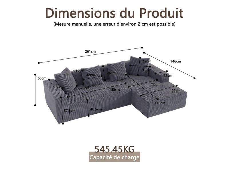 Canapé d'angle avec méridienne modulable 261 x 146 cm assise profonde sans montage - Conforama C