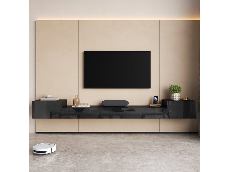  Meuble tv suspendu noir brillant 245 cm - éclairage led multicolore rangement fermé  - Conforama B