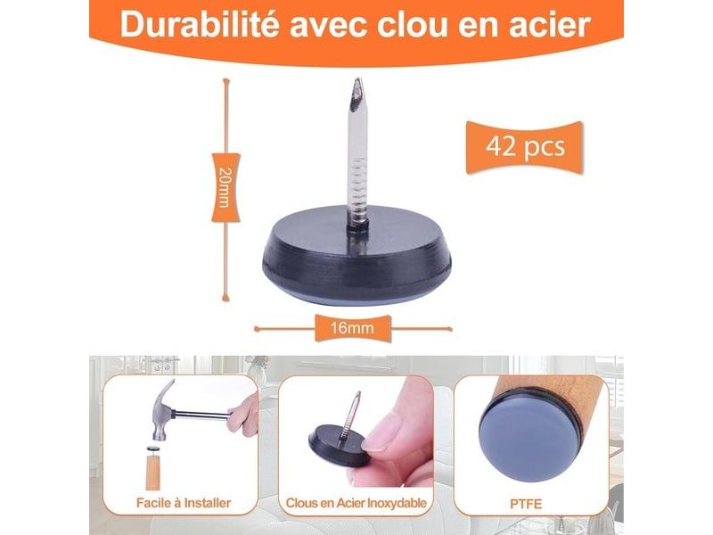 Set de 42 patins coulissants ronds en ptfe téflon de 16 mm avec clous, supports pour meubles lourds sur sols lisses et tapis. - Conforama B