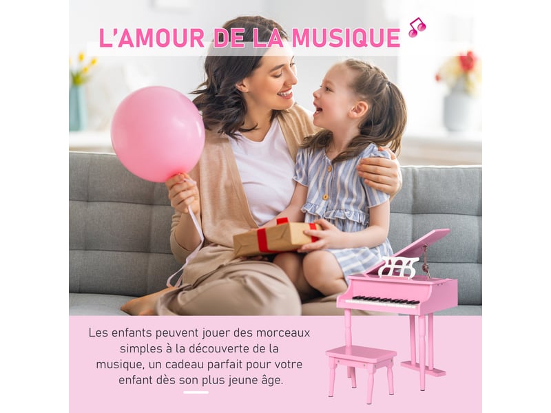 Piano à queue enfant en bois piano enfant clavier de piano 30 touches - tabouret et pupitre inlus - instrument de musique - mdf rose - Conforama R
