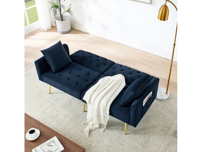  Canapé convertible 2 places avec dossier réglable 3 positions, 2 coussins, pieds en métal doré, velours bleu  - Conforama C